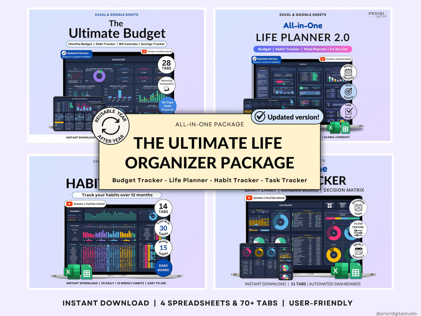 Life Planner Google Sheets Dark Mode Annual Budget Tracker Excel Budget Spreadsheet Habit Tracker Organization Planner Savings Tracker